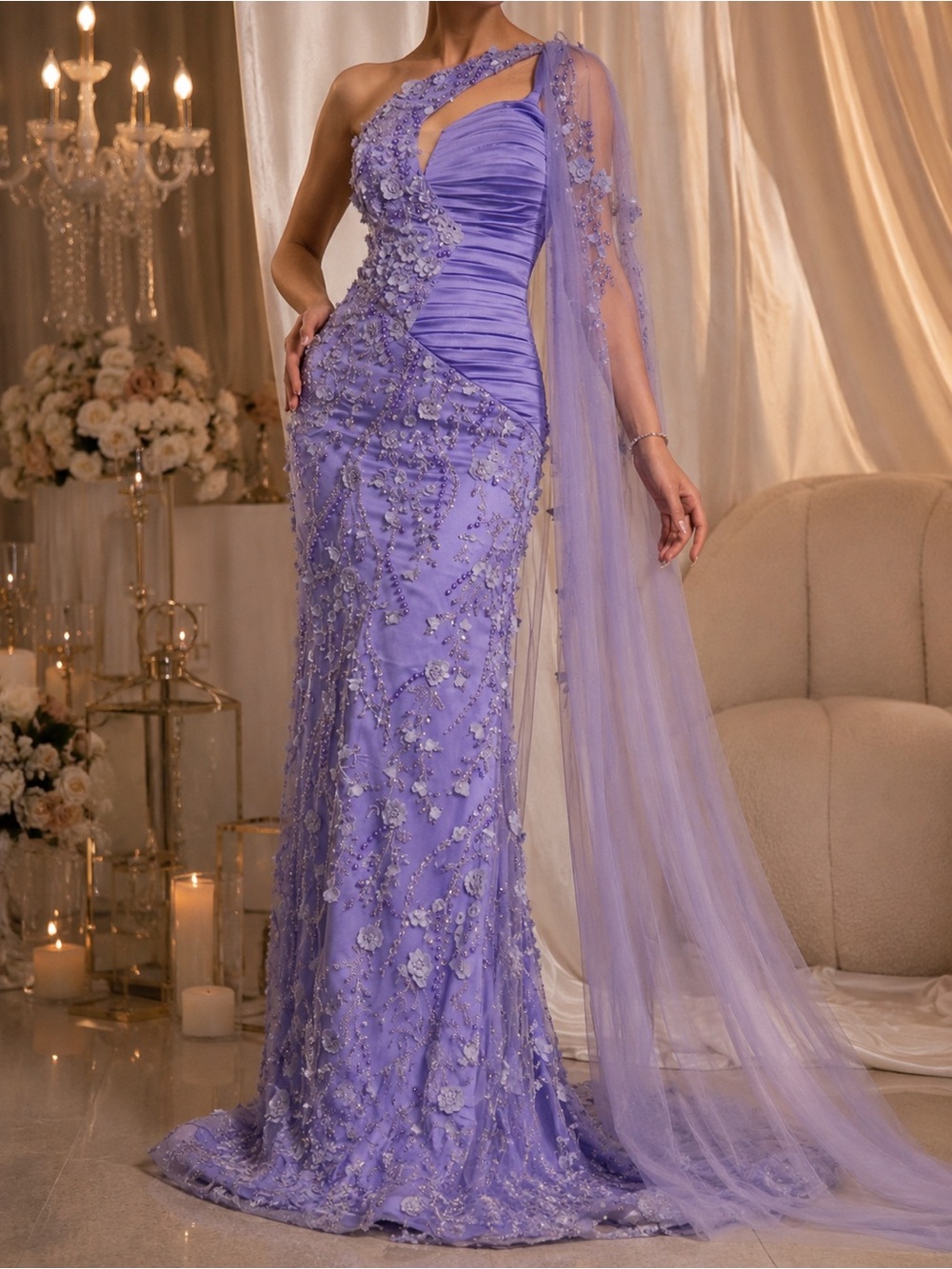 Lilac One-Shoulder Embellished Evening Gown